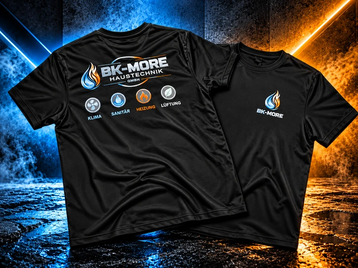 Schwarze Firmen-T-Shirts mit Logo von BK-MORE Haustechnik – professioneller Textildruck für Arbeitskleidung von Stickerandmore in Niederösterreich.